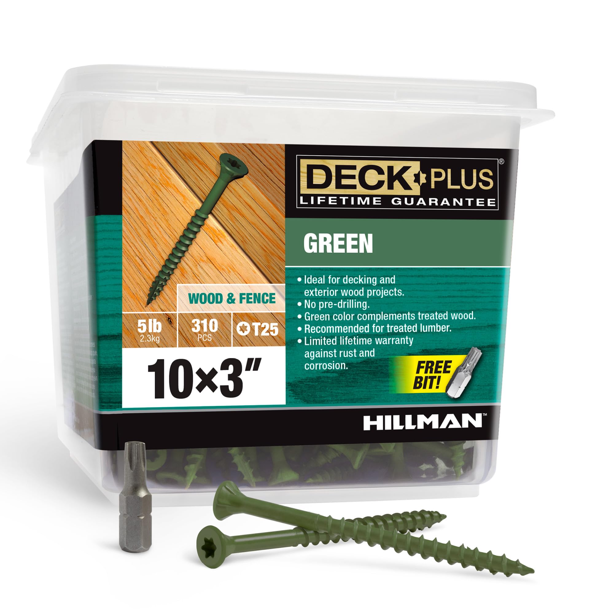 Deck Plus 3 Inch Epoxy Coated Exterior Wood and Fence Screws #10 x 3 Torx/Star Drive Included Coarse Thread, Outdoor Rust Resistant Decking Screw, Green, 5 lb Box, 310 Pieces | 48405