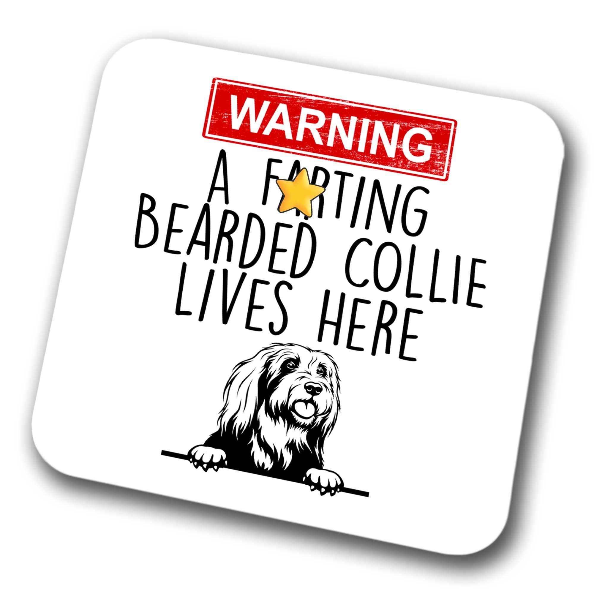 Bearded Collie Warning A Lives Here Mum Dad Coaster Dog Dad Bearded Collie Dad Friend Funny Gift for Birthday Christmas, Bearded Collie Mum Coaster