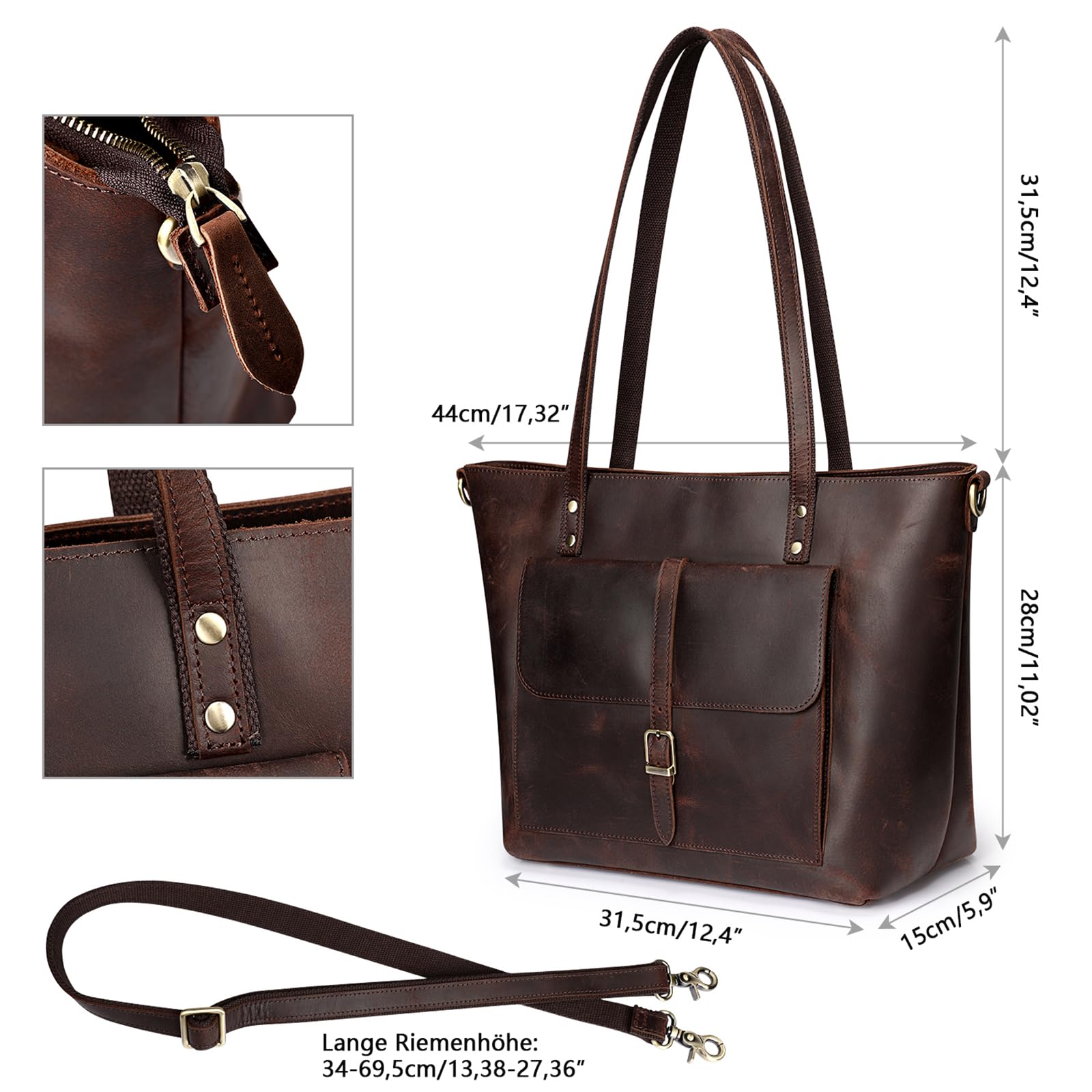 S-ZONE Damen Schultertasche Vintage Echtes Leder Groß Shopper Handtasche Henkeltasche Laptoptasche Arbeit Schule Einkaufen Reise