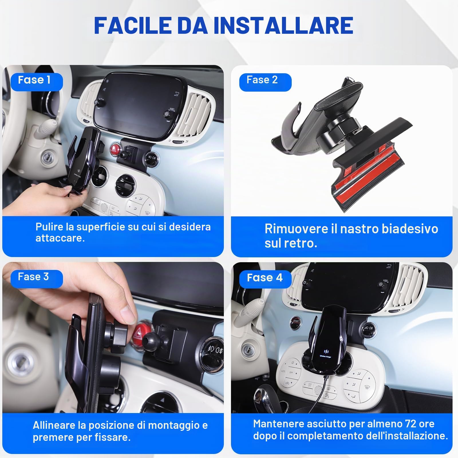 Supporto per telefono cellulare auto compatibile con Fiat 500 2016-2024, console centrale, supporto per telefono cellulare a rotazione 360° (stile C carica wireless)