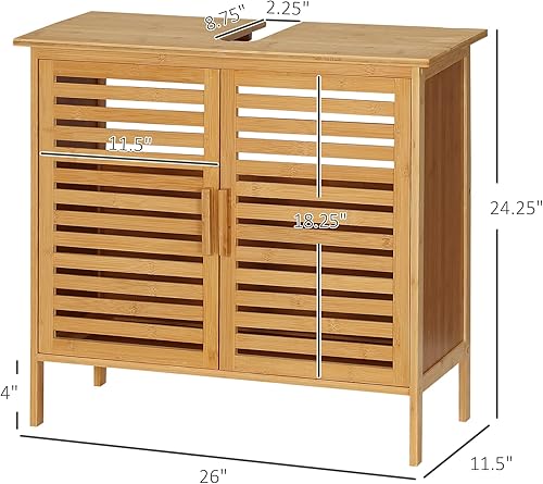 Miniatura 3 de kleankin Armario de bambú para debajo del fregadero con 2 puertas de listones, armario independiente para fregadero de baño, organizador de baño,