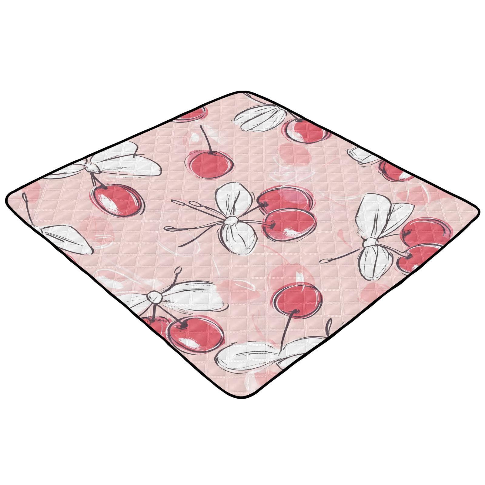 BOESI Doodle Cherry and Bow Pattern Baby Play Mat, 50“ X 50” Washable Folding Crawling Mat, Baby Floor Mat, Soft, Thick, Non-Slip
