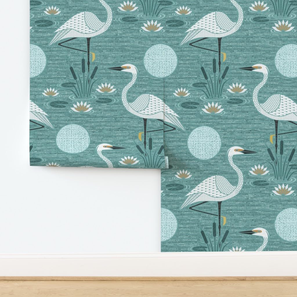 Peel & Stick Wallpaper 3ft x 2ft - Water Lily White Egret Teal Aqua Neutral Calm Serene Minimal Weathered Custom Removable Wallpaper by Spoonflower