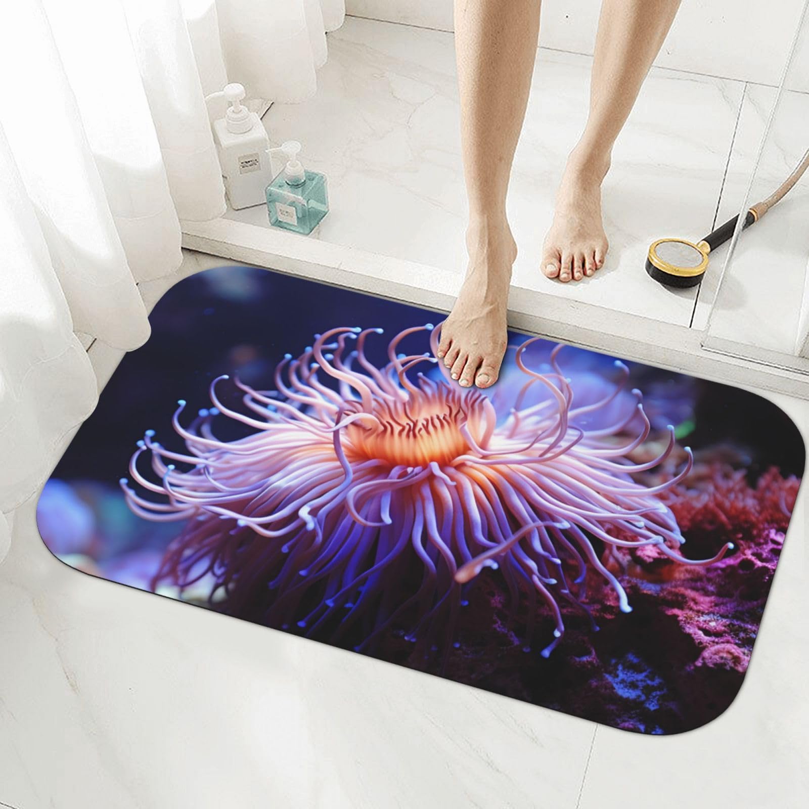 Tapis de bain en pierre de diatomée motif anémone pour une salle de bain moderne