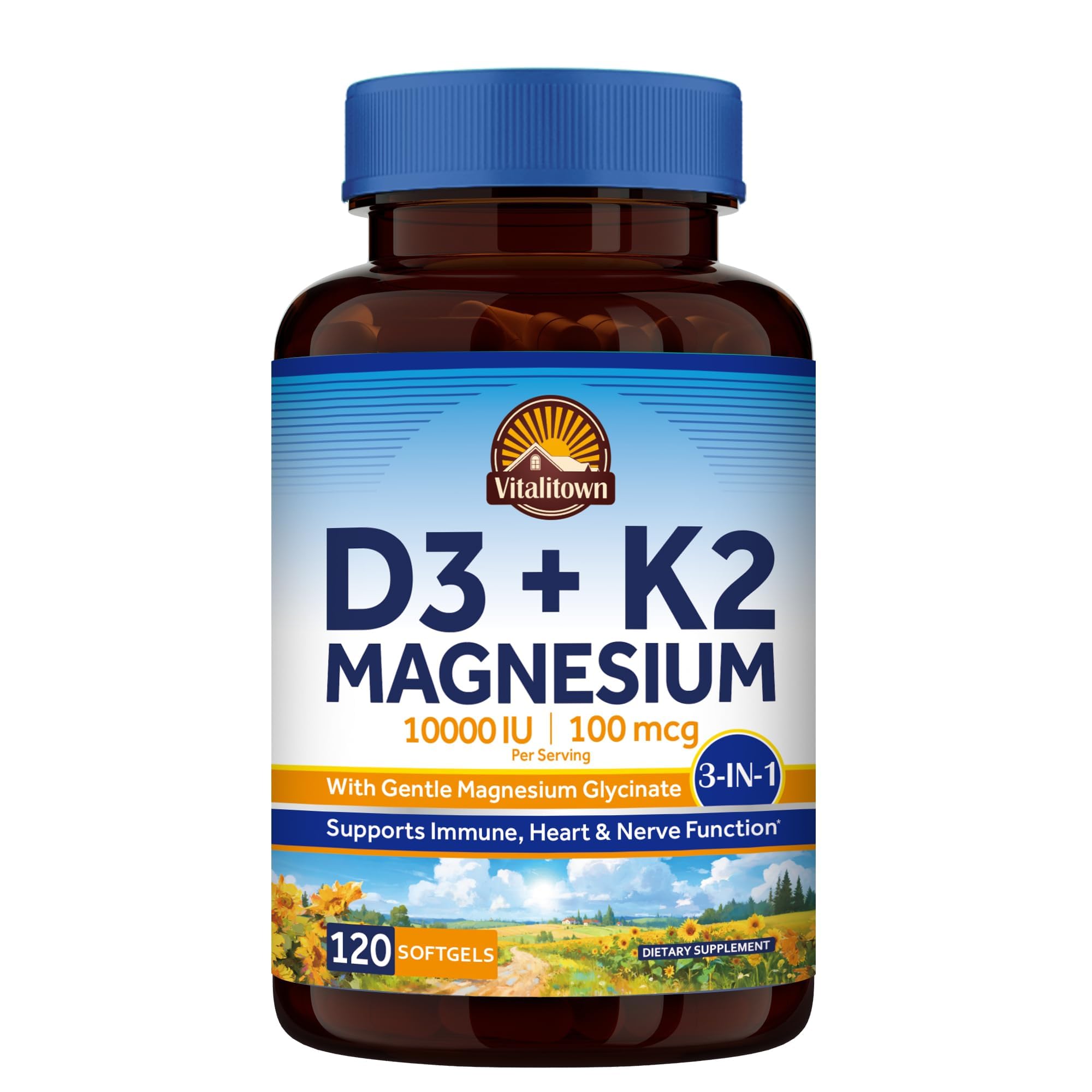 Vitalitown Vitamin D3 K2 10000IU with Magnesium Glycinate, Vitamin K2 (MK-7) 100mcg, High Potency 3-in-1 Formula, Enhanced Absorption, Bone, Heart, Immune & Mood Support, 120 Softgels