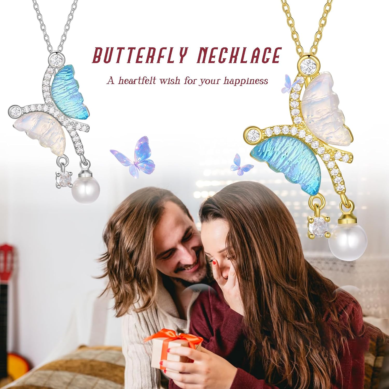 Women Elegant Butterfly Pendant Necklace, Crystal Pearl Drop, Blue White Opal, Silver Gold Chain, 15+2 Inches Adjustable - Image 7