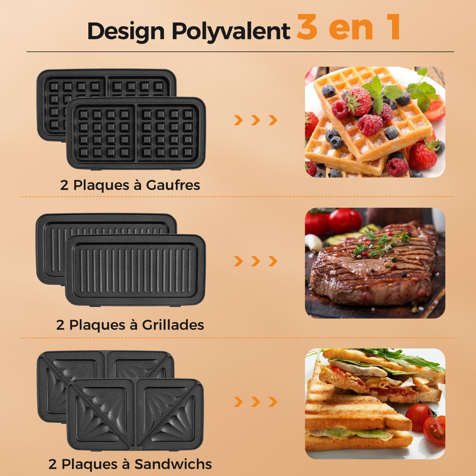 RELAX4LIFE Gaufrier 1000W-Croque Monsieur 3 en 1 avec 2 Frire&2 Griller&2 Gaufres&Poignée Cool Touch|Contrôle de Température à 5 Niveaux, Acier Inoxydable pour Anniversaires Fêtes Pâques Noël (S)