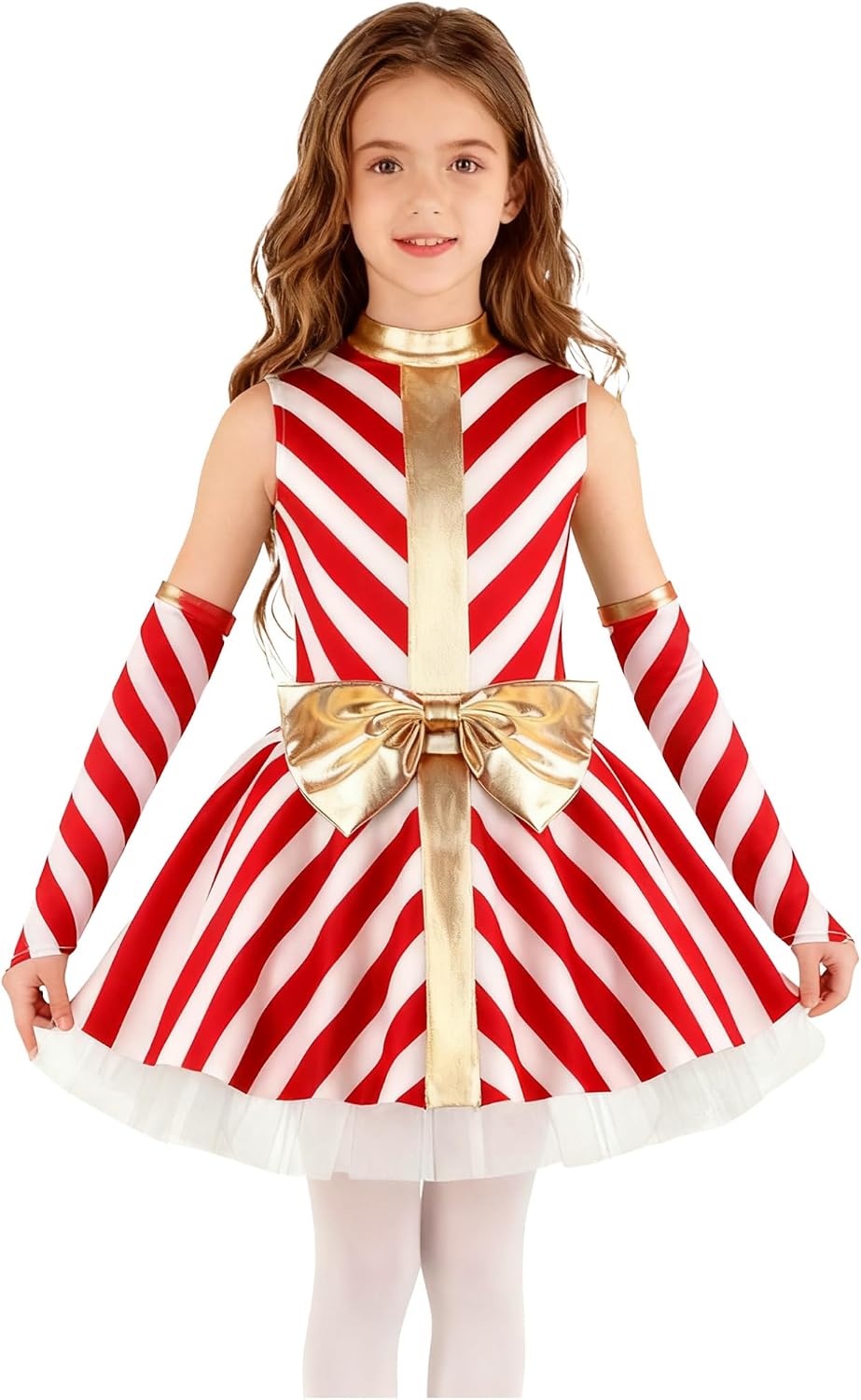 Hansber Kids Girls Christmas Dance Dress Candy Cane Striped Ballet Dance Figure Skating Dress with Oversleeves