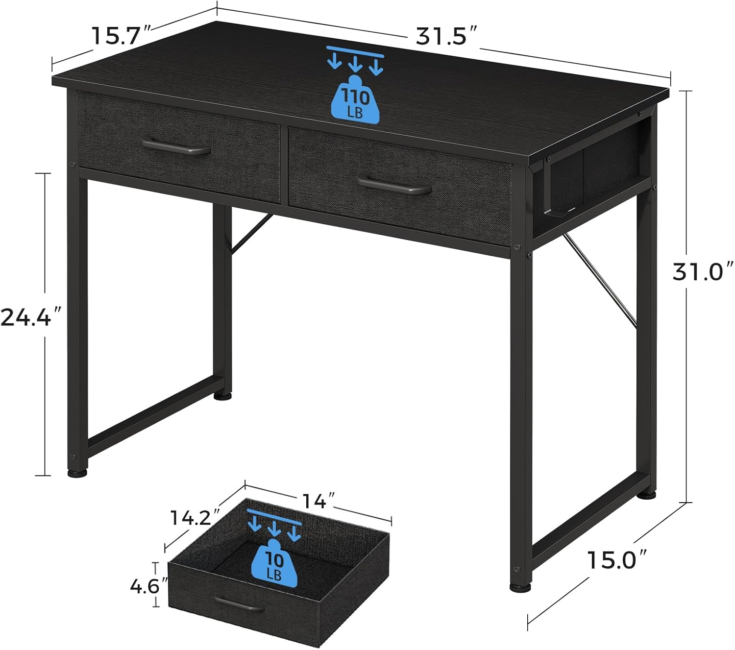 Diagram showing the dimensions of the Casaottima 32-inch desk, including length, width, height, and drawer dimensions, with weight capacities.