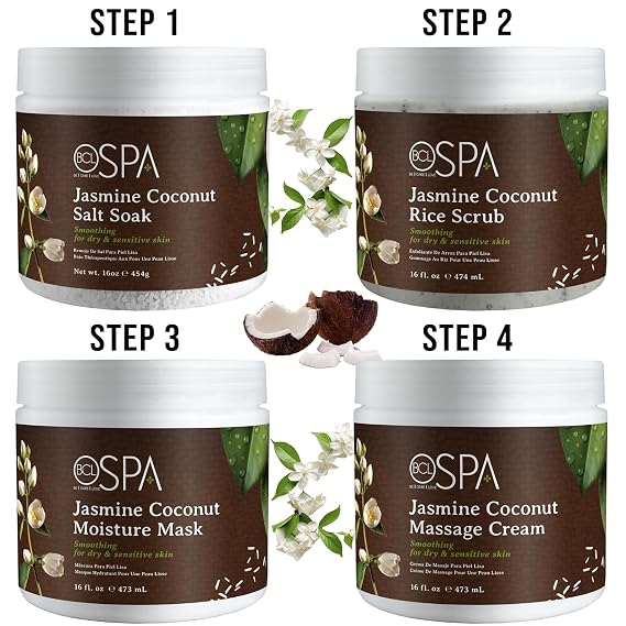 BCL SPA Jasmine Coconut 4-STEP Complete System includes a 16 oz Dead Sea Salt Soak, a 16 oz Rice Scrub, a 16 oz Moisture Mask, and a 16 oz Massage Cream for Profeesional or Home Use Made in USA
