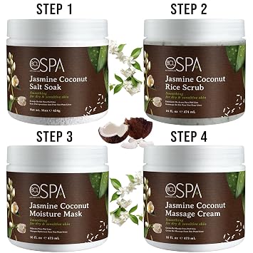 BCL SPA Jasmine Coconut 4-STEP Complete System includes a 16 oz Dead Sea Salt Soak, a 16 oz Rice Scrub, a 16 oz Moisture Mask, and a 16 oz Massage Cream for Profeesional or Home Use Made in USA