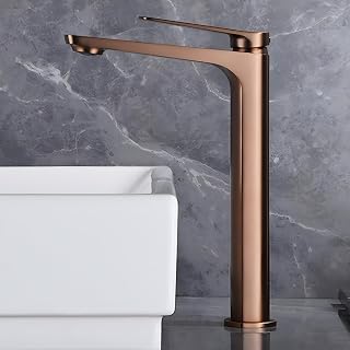 IMEX - Grifo Lavabo Oro Rosa Caño Alto | Grifo Baño Mezclador Agua Fria y Caliente | Grifería Monomando Efeto Cascada con Caño de Latón y Ahorro de Agua | Serie Nápoles | Color Oro Rosa Cepillado