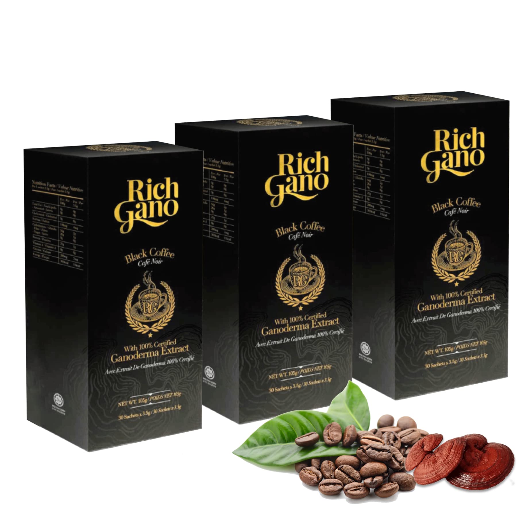 Rich Gano Reishi Mushroom Coffee – (3 Boxes of 30 Sachets) Black Coffee with Ganoderma Extract – All Natural Vegan Friendly Instant Coffee Packets –