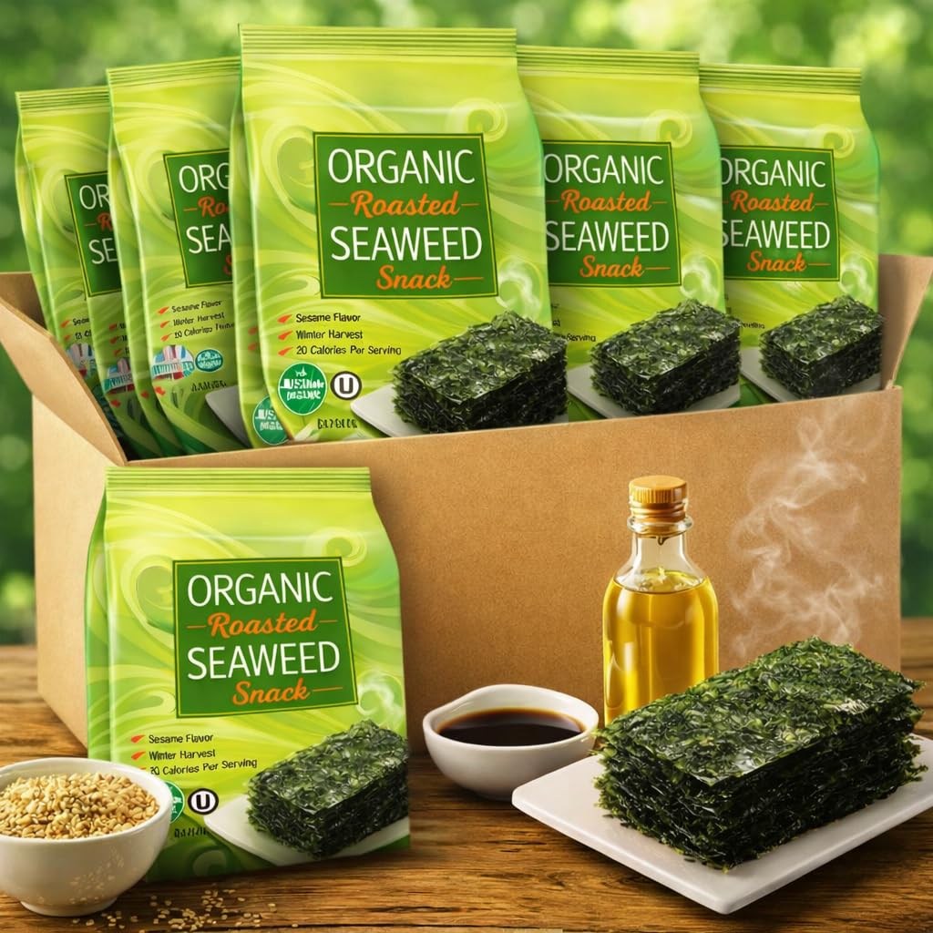 Seaweed Organic Roasted Sesame Flavor Nori Sheets - Vegan Gluten Free Kosher Sea Weed Snack - Crispy Plant Based Low Calorie Lunchbox Office Party Treat Bulk (20 Bags)