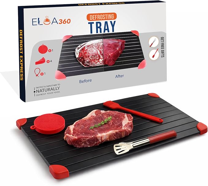 Defrosting Tray, Rapid Thawing Tray for Frozen Meat, thaw Plate, Defroster Board Aluminium Plate with Silicone Cleaner, Hanging Tie, Stainless Steel, Tongs and Oil Brush 33.5x22.5