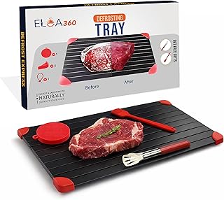 Eloa360 Defrosting Tray, Rapid Thawing Tray for Frozen Meat, thaw Plate, Defroster Board Aluminium Plate with Silicone Cleaner, Hanging Tie, Stainless Steel, Tongs and Oil Brush 33.5x22.5