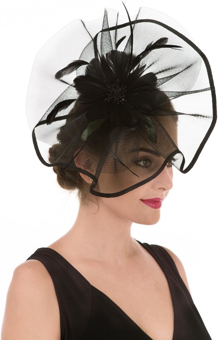 SAFERIN Fascinator Hat Feather Bridal Mesh Net Veil Wedding Cocktail Party Hat Flower Derby Hat with Clip and Hairband for Women (TA1-Large Size Black Feather Mesh)