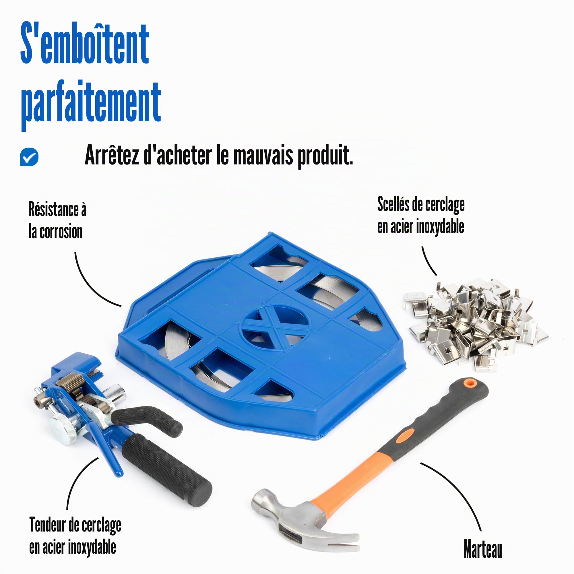 U.S. Solid Lot de bandes en acier inoxydable 304 – Pince de cerclage avec rouleau de ruban de 19 mm x 30 m, 100 clips de sécurité + marteau pour emballage stable de palette