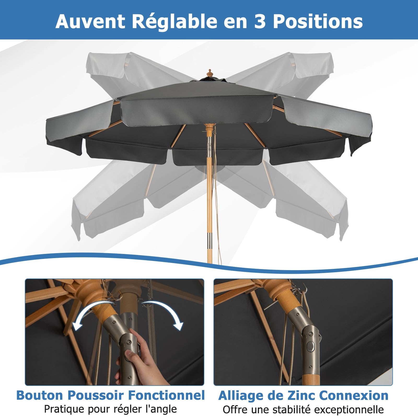 GIANTEX Parasol de Jardin Extérieur 3M Inclinable, Auvent Réglable en 3 Positions, Protection UV avec Lambrequin, Mât de 47 mm pour Terrasse, Balcon, Plage (Gris Foncé)