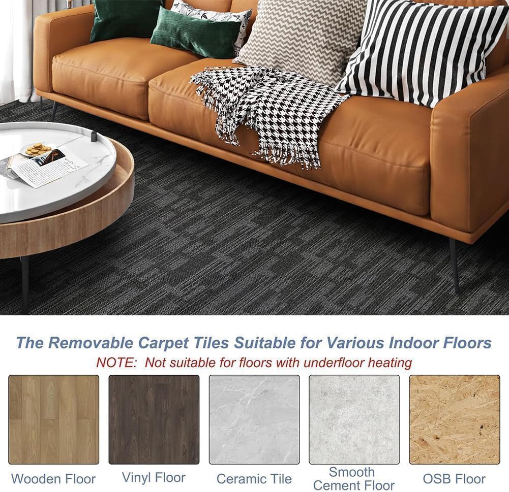 Carpet Tiles 24"x 24" 18PCS Non-Slip Soft Floor Carpet for Office, Bedroom, Living Room, Kitchen, Garage,Easy DIY Installation Seamless Floor Tiles Rug,Grey