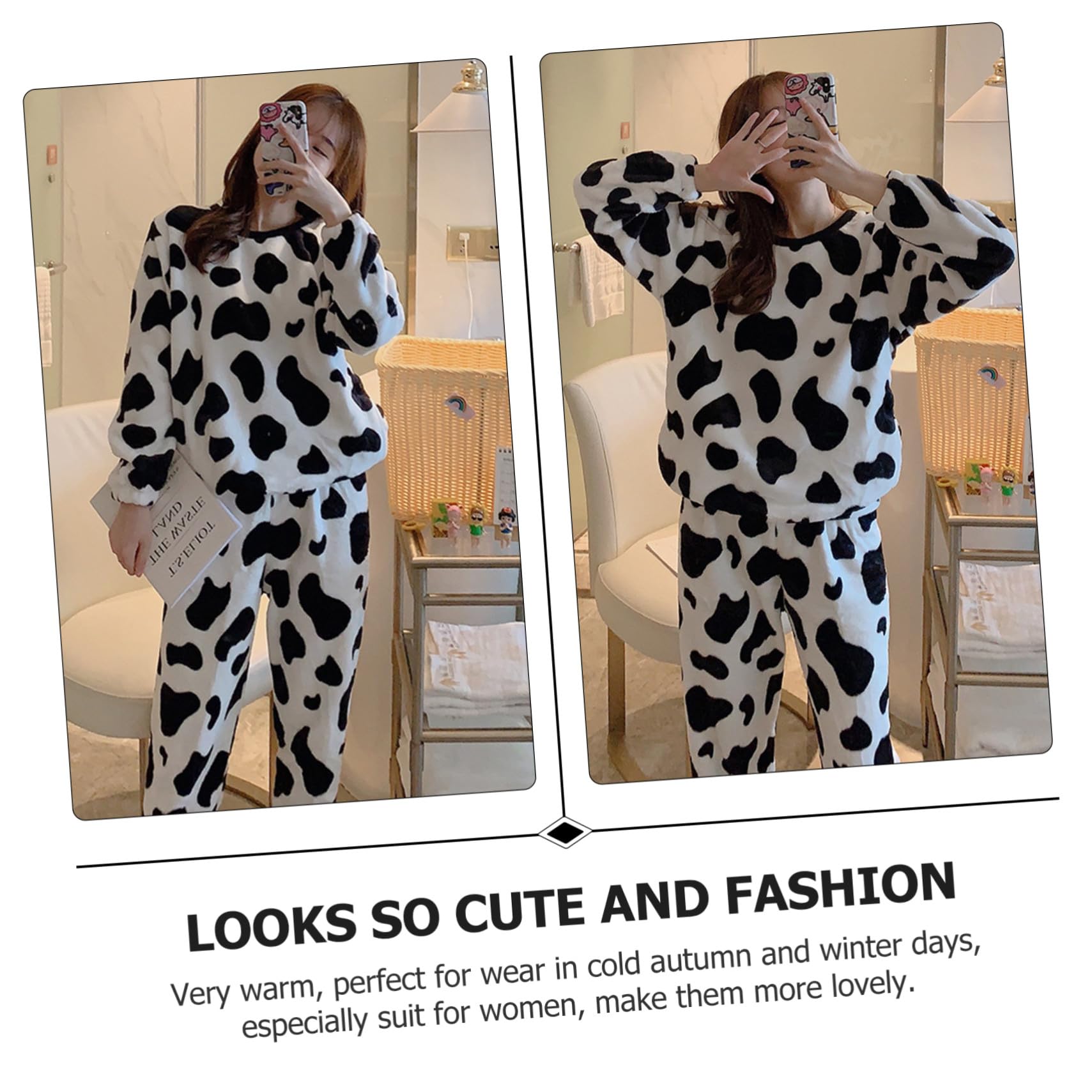 ORFOFE Flanell Schlafanzug Satz L mit Kuhmuster für Mädchen und Damen | Langarm Design, Bequem und Superweich, für Herbst und Winter, Freizeit Pyjama