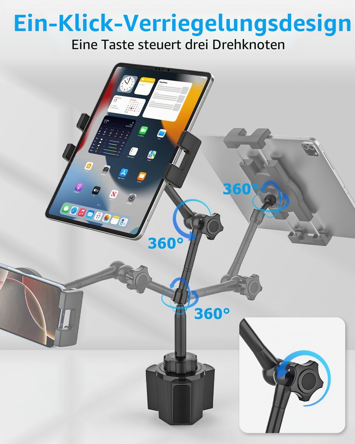 Flexibel Tablet Halterung Getränkehalter Auto [Aluminium Magic Arm] | KFZ LKW Wohnmobil Becherhalter Autohalterung Cupholder für Tablets Handys, iPad, Galaxy Tab, Fire, iPhone, 4-13"