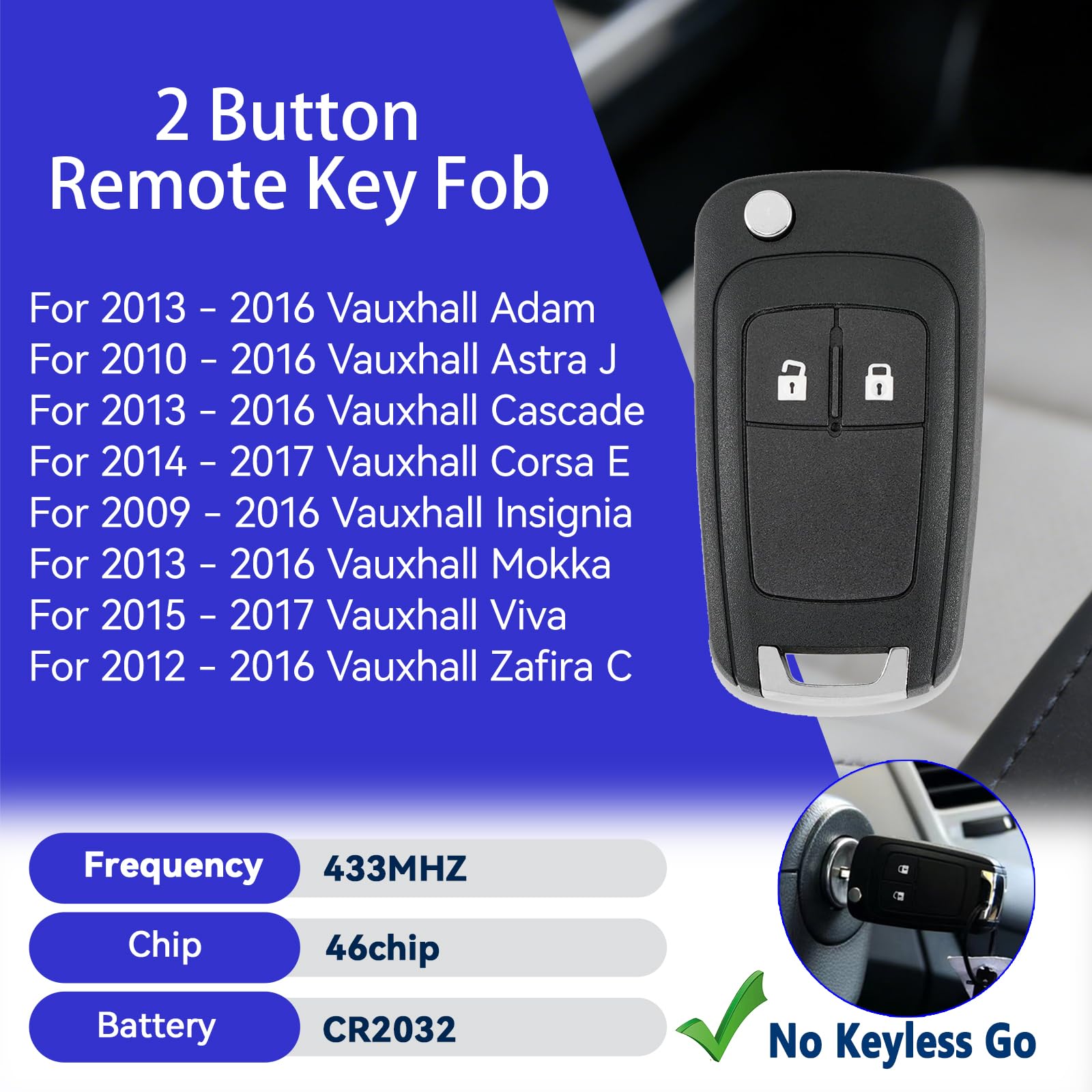 433MHZ Remote Key Fob for Vauxhall Astra J Insignia Zafira B Meriva Cascade Adam Mokka Corsa E For 2 Buttons Vauxhall Key Fob Replacement with 46chip — view 2