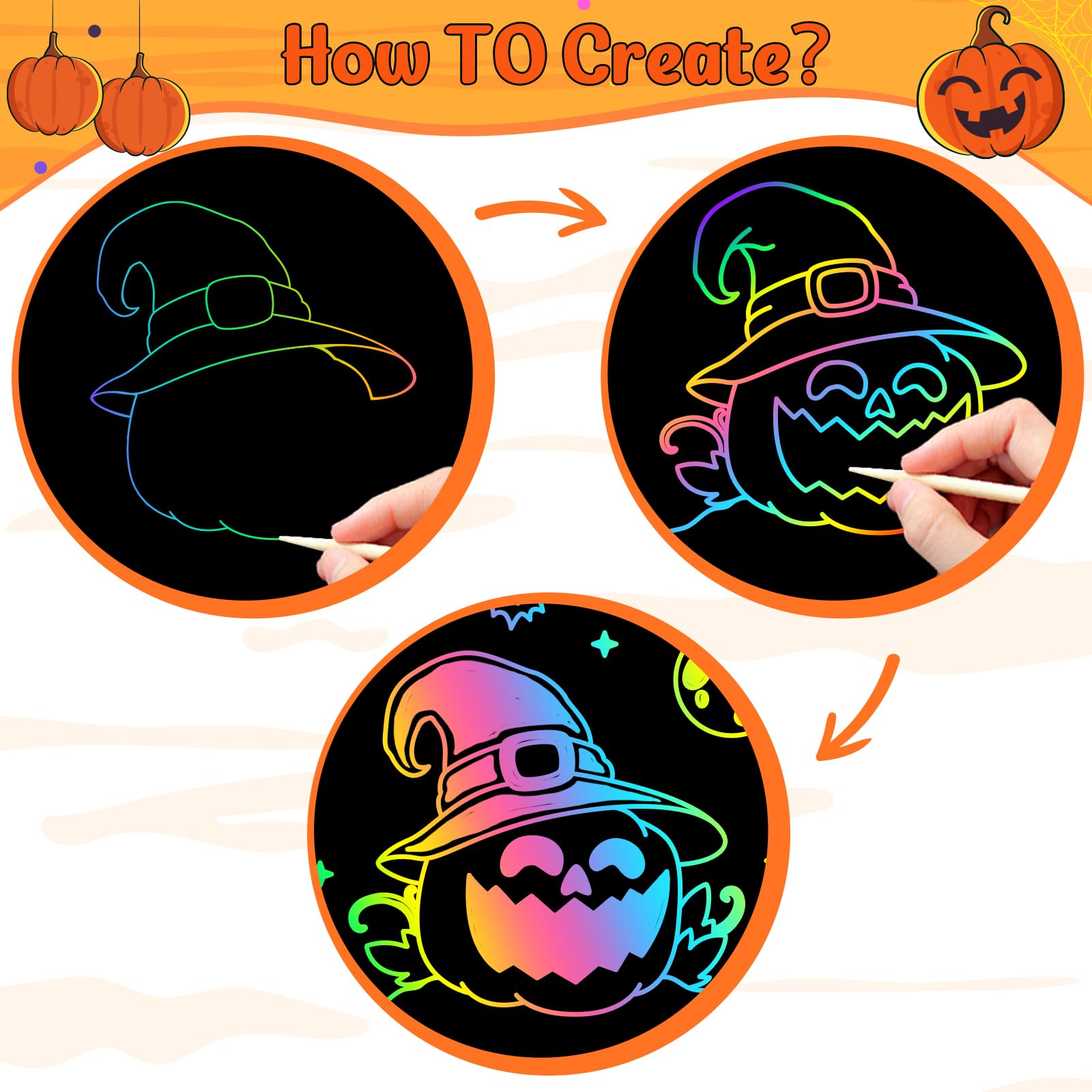 ZMLM Libri Scratch Art Bambini Regalini Kit Disegno, Fogli Arcobaleno da Grattare Craft Notebook con Stilo Stencil Scratch Libri Painting Paper per regalini fine Festa Compleanno Bambini (Halloween)