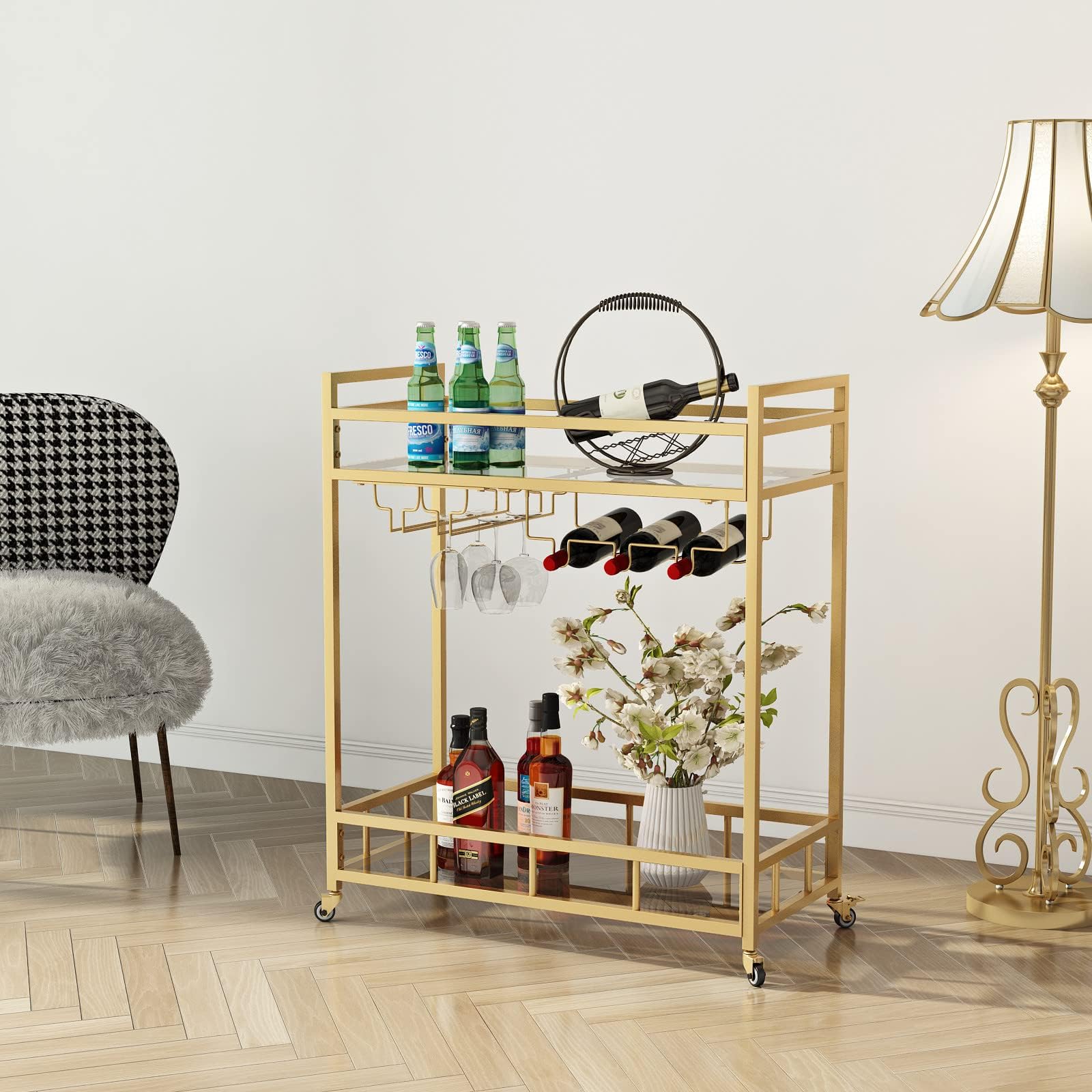 Bar Cart Gold with Bottle Storage and Wine Glass, Rolling Serving Bar Cart on Wheels Indoor & Outdoor Bar Carts for Patio, Gold Kitchen Serving Cart for Party(2-Tier)