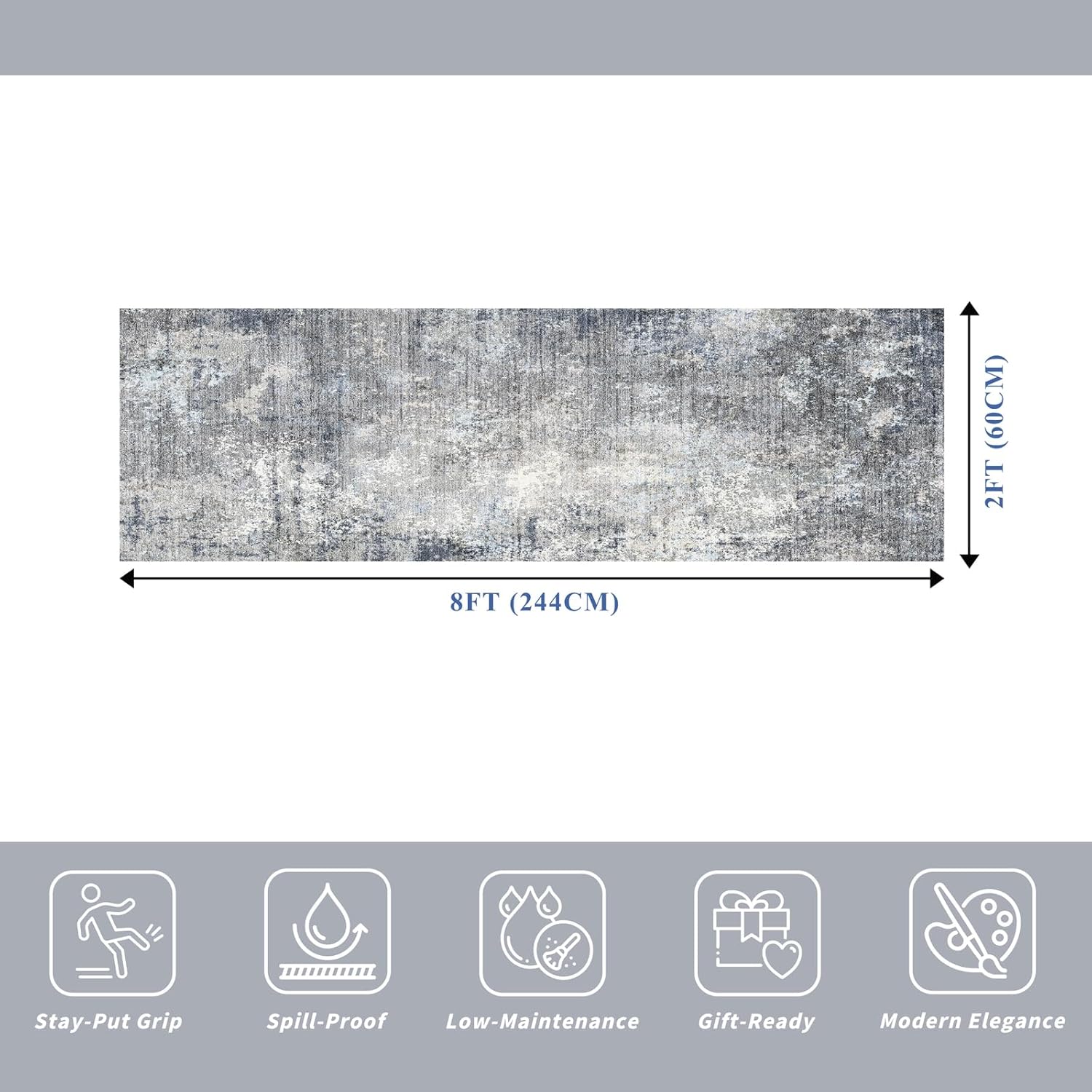 2x8 Washable Non-Slip Hallway Runner Rug – Modern Coastal Abstract Neutral Stain-Resistant Low-Pile Carpet Runner for Kitchen Entryway Bedroom Bathroom (Blue Gray,2x8) - Image 2