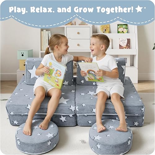 Miniatura 101 de MeMoreCool Sofá modular para niños de 1 a 3 años, 8 piezas de dinosaurio que brilla en la oscuridad, sofá de espuma para niños, juego convertible