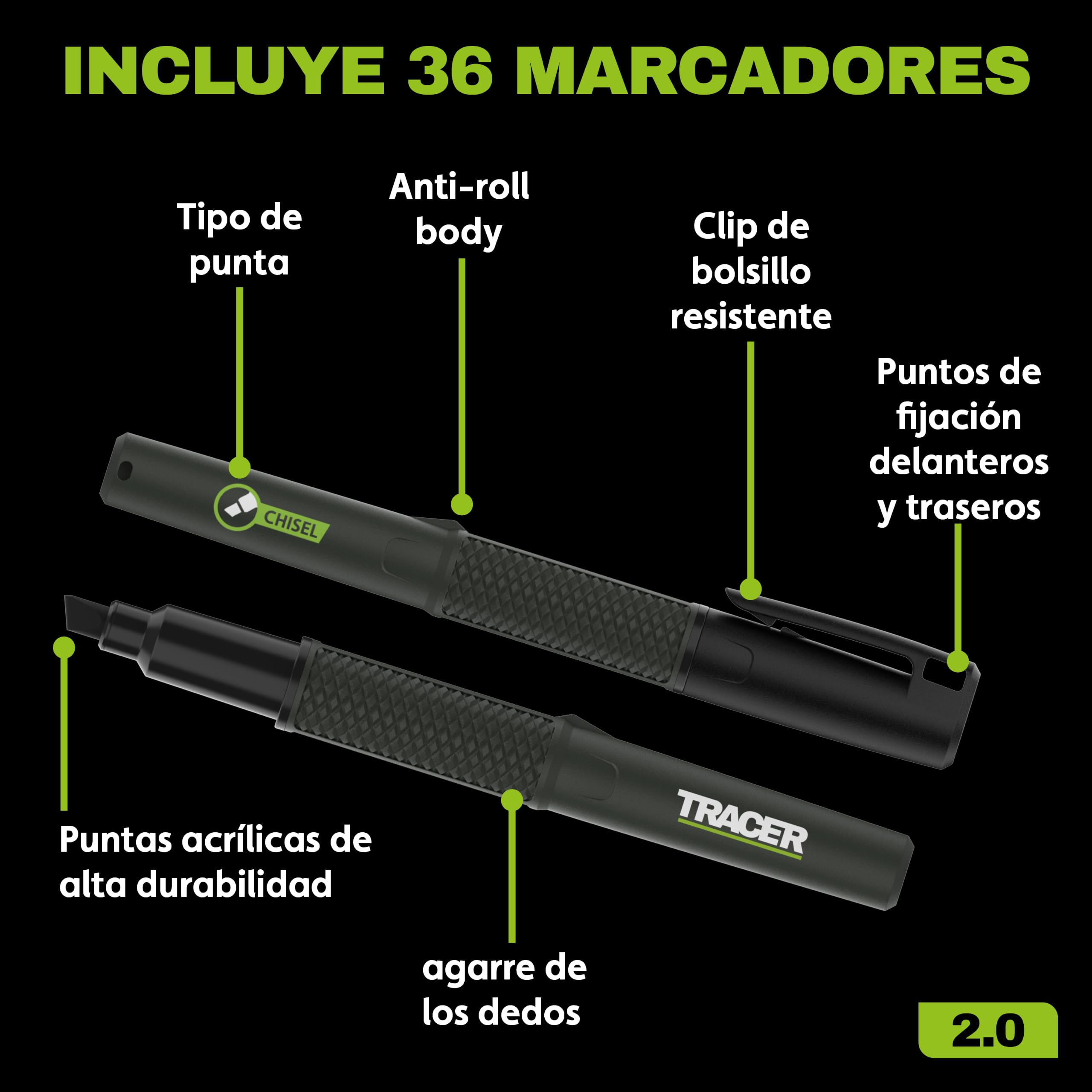 Tracer 2.0 Marcador permanente con punta de cincel, 36 piezas, negro
