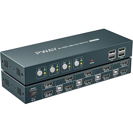 4 Port KVM Switch HDMI Dual Monitor Extended Display, 4K@30Hz 2 USB 2.0 Hub, Wireless Keyboard & Mouse and Hotkey Switch Supported, 4 in 2 Out, Powered by USB