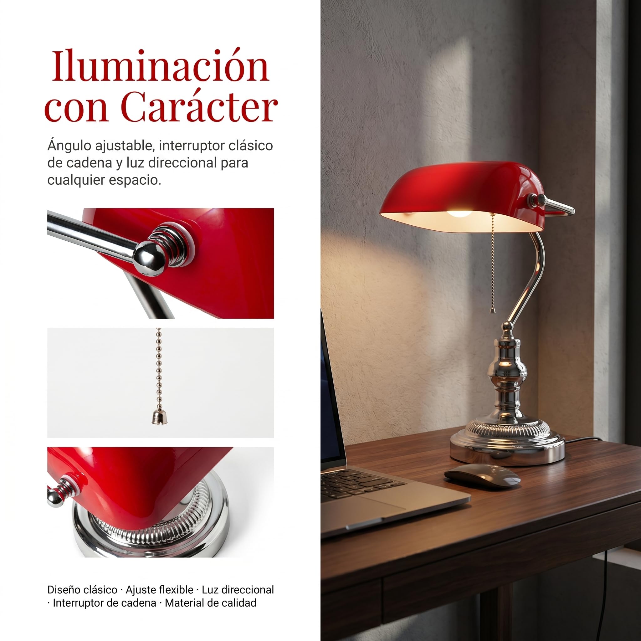 BARCELONA LED Lampada da Tavolo Banker Vintage E27 Paralume in Vetro Rosso Base Cromata Orientabile Luce da Scrivania Classica Stile Industriale Retrò Nordico per Ufficio