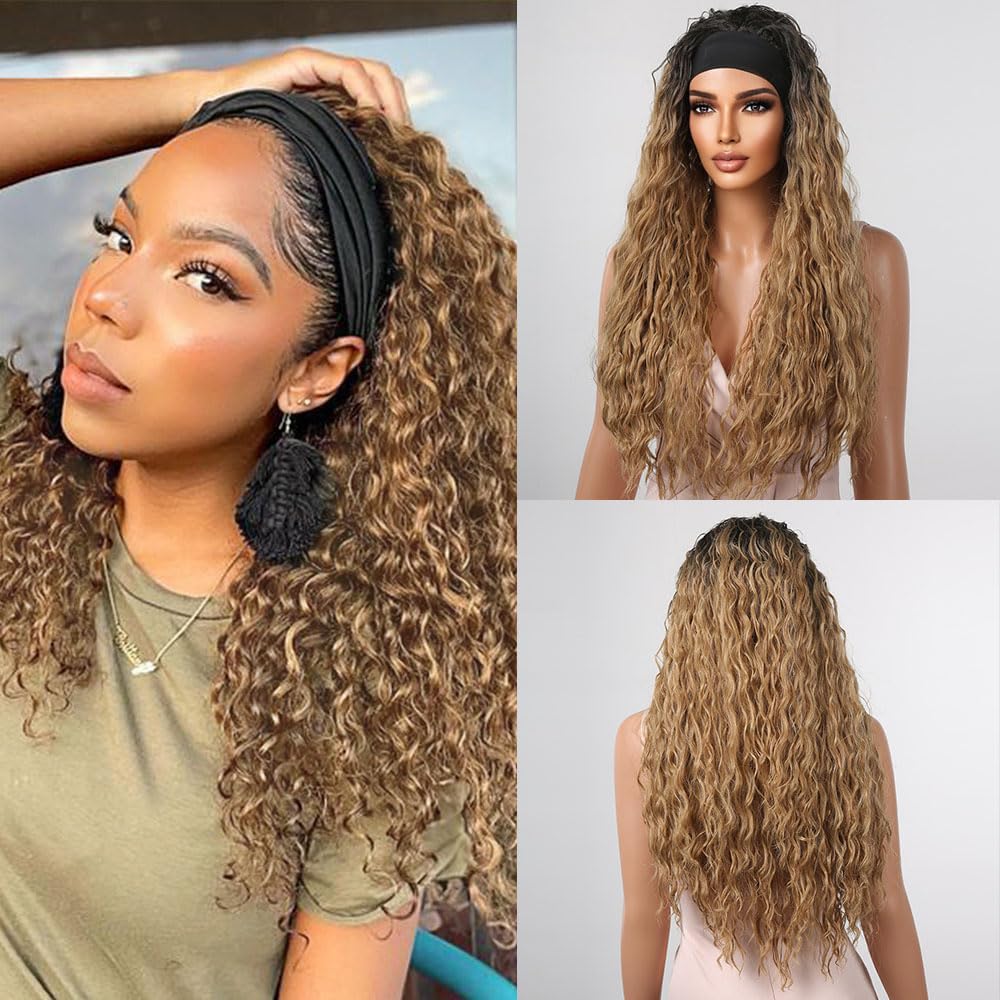 Headband Wig Deep Wave Ombre Brown Curly Wigs For Black