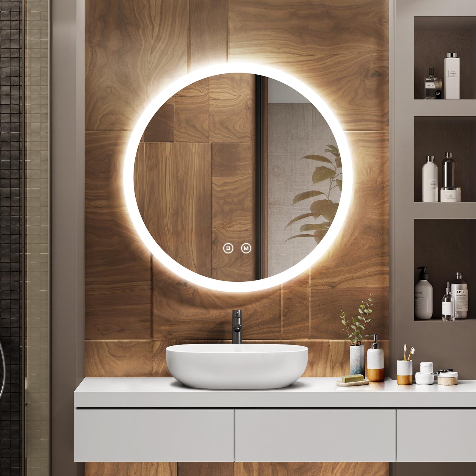 EMKE Espejo de Baño con Iluminación, Diámetro de 70cm, Espejo Redondo con Interruptor Táctil, Antivaho, Función de Memoria, Luz Cálida/Blanca Fría/Neutra