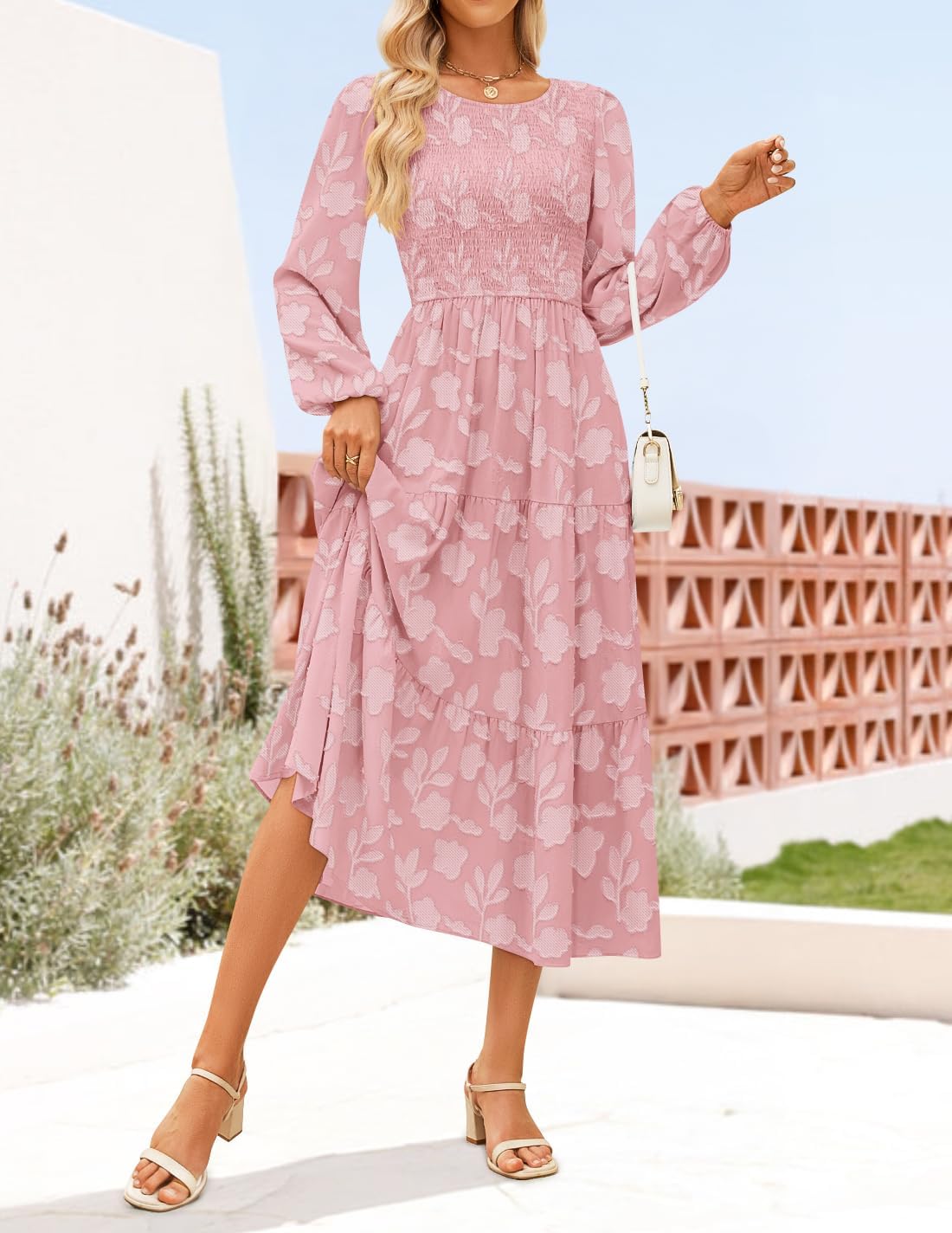 ZESICA Women's Fall Boho Floral Midi Dress 2026 Casual Long Sleeve Crewneck Flowy Wedding Guest Long Dresses - Image 2