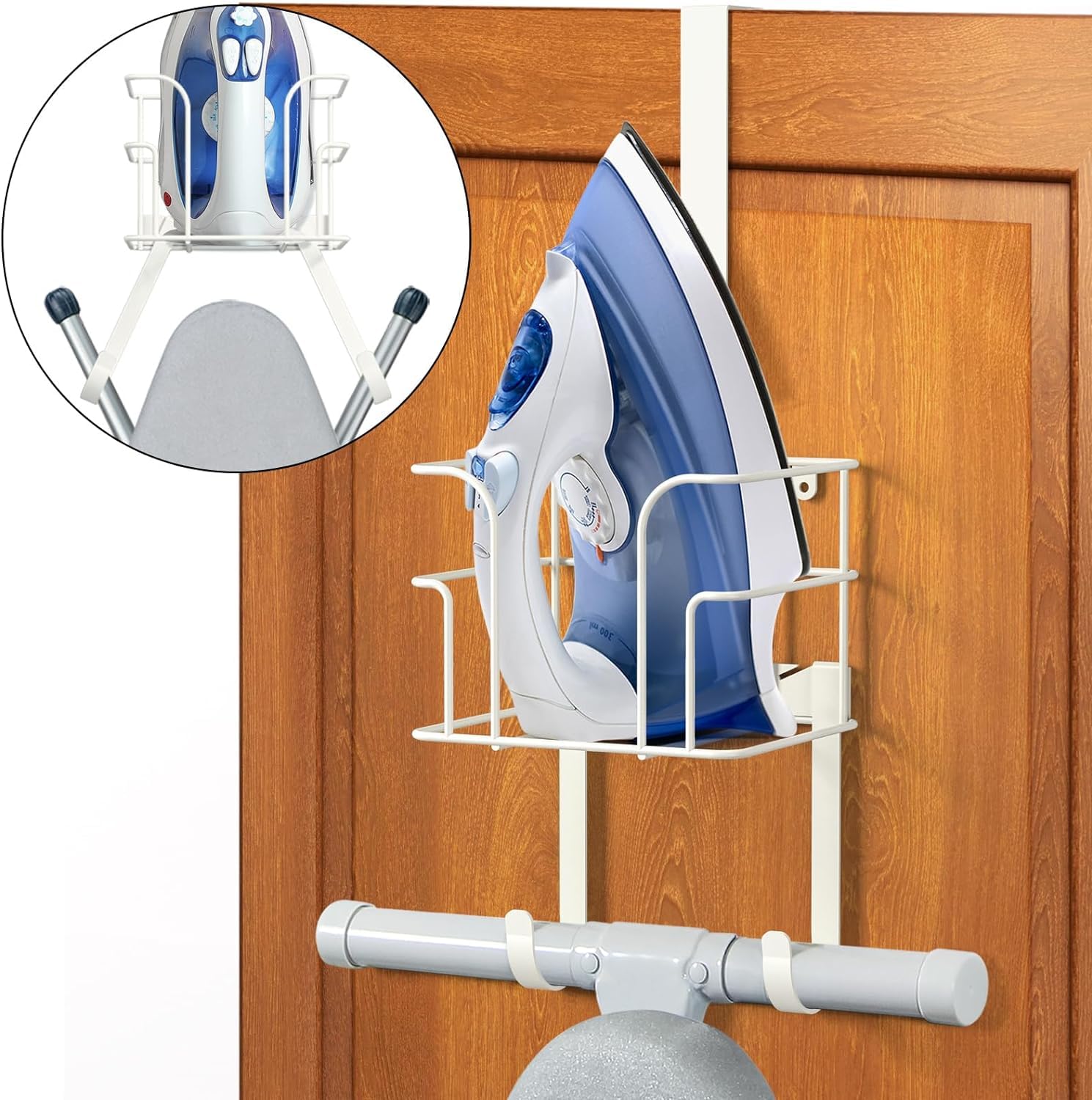 Supporto per asse da stiro, da appendere alla porta o alla parete, per lavanderia, ferro e asse da stiro, nero (bianco)