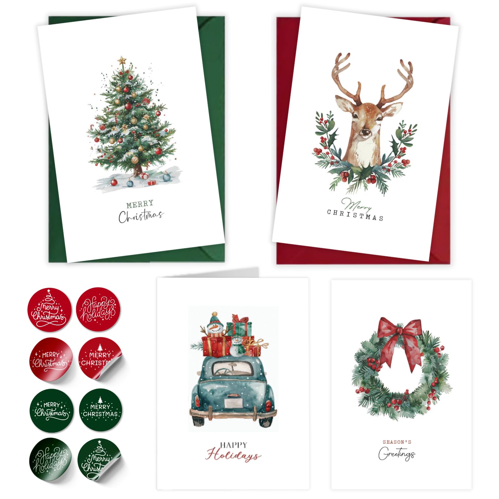 Paper Play Merry Christmas Cards Boxed with Envelopes 4x6 Inches Bulk Pack, Set of 20 Cards - Watercolor Designs on Heavy Duty Cardstock - Bulk Pack with Envelopes & Matching Stickers
