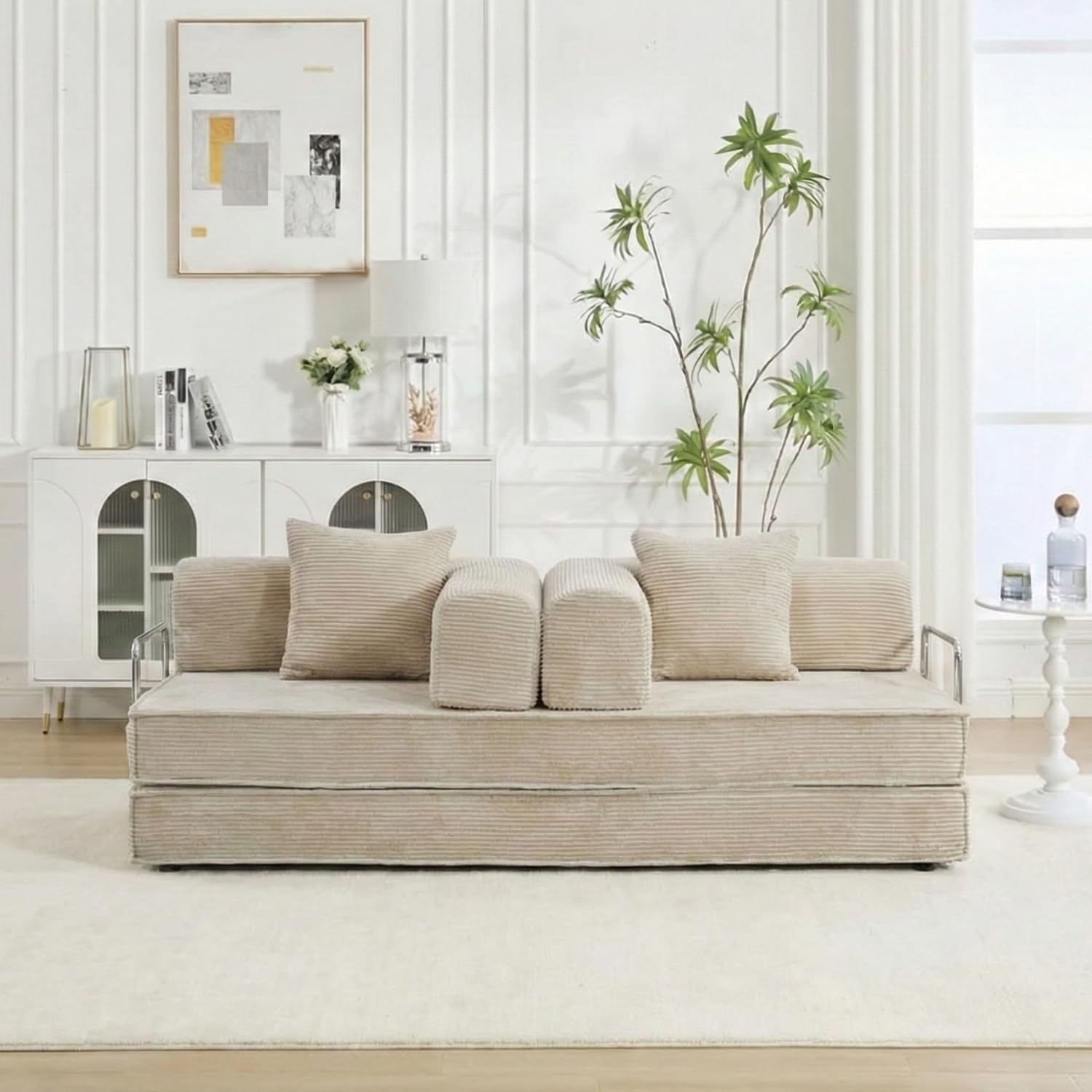 GEDTECH ARMANA 3 Places Convertible Lila en Velours côtelé Beige, modulable, Confortable, Structure en métal - Convertible, Multifonctionnel, livré compressé, Moderne et Personnalisable