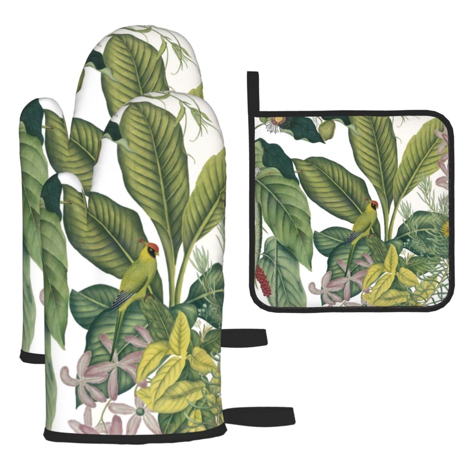 Tropical Flower Leaf Parrot Printed Kitchen Baking Three-Piece Heat-Resistant Thick Cotton Oven Gloves for Cooking and Baking.