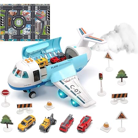 Amazon Cute Stone おままごと 航空機おもちゃ 収納式 リアル噴霧 飛行機おもちゃ 19pcs ミニカー 地図付き Diy 室内遊び 室内ゲーム 駐車シーンゲーム 空港 建設車両セット ヘリコプター 音楽 知育おもちゃ 子供用 ラジコンなし 組み立て コレクション キッズ 男の子