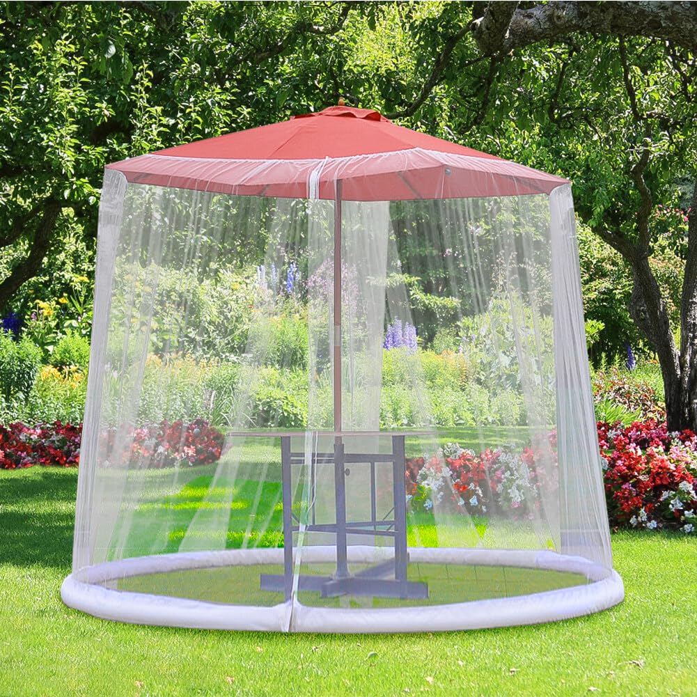 Surakey Patio Umbrella Mosquito Netting with Zipper Door Polyester Mesh Net Screen Universal Outdoor Garden Camping Table Top Cover Beach Backyard Market (White 300cmx230cm)