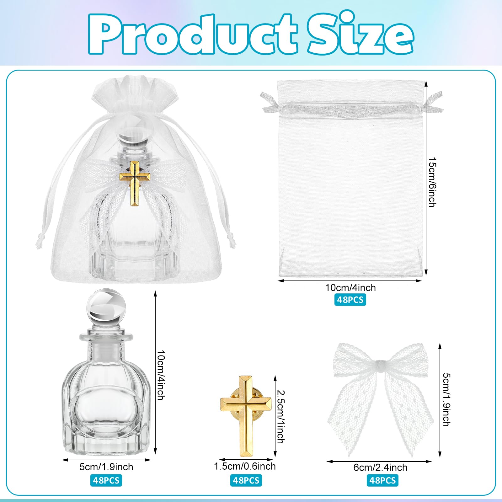 Newtay Holy Water Bottles Catholic Bulk Glass Baptism Favors for Guests Christian Water Container with Cross Organza Bags Bow for Holy Communion Gifts Church Wedding Baptism(White,48 Set)