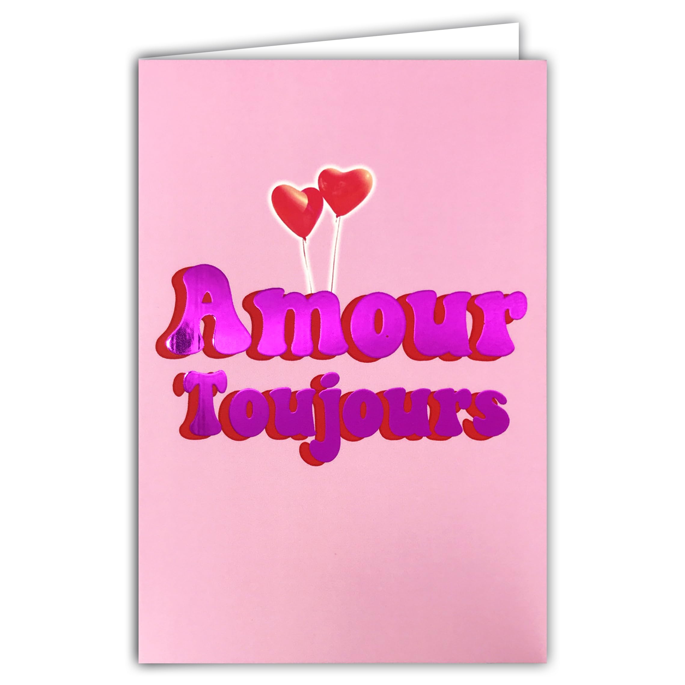 69-9048 Card Love Always Words in Shiny Pink 2 Balloons in the Shape of Hearts for Couples Congratulations Union PACS Wedding Life for 2 or Je t'aime + Envelope 12 x 17.5 cm Made in France