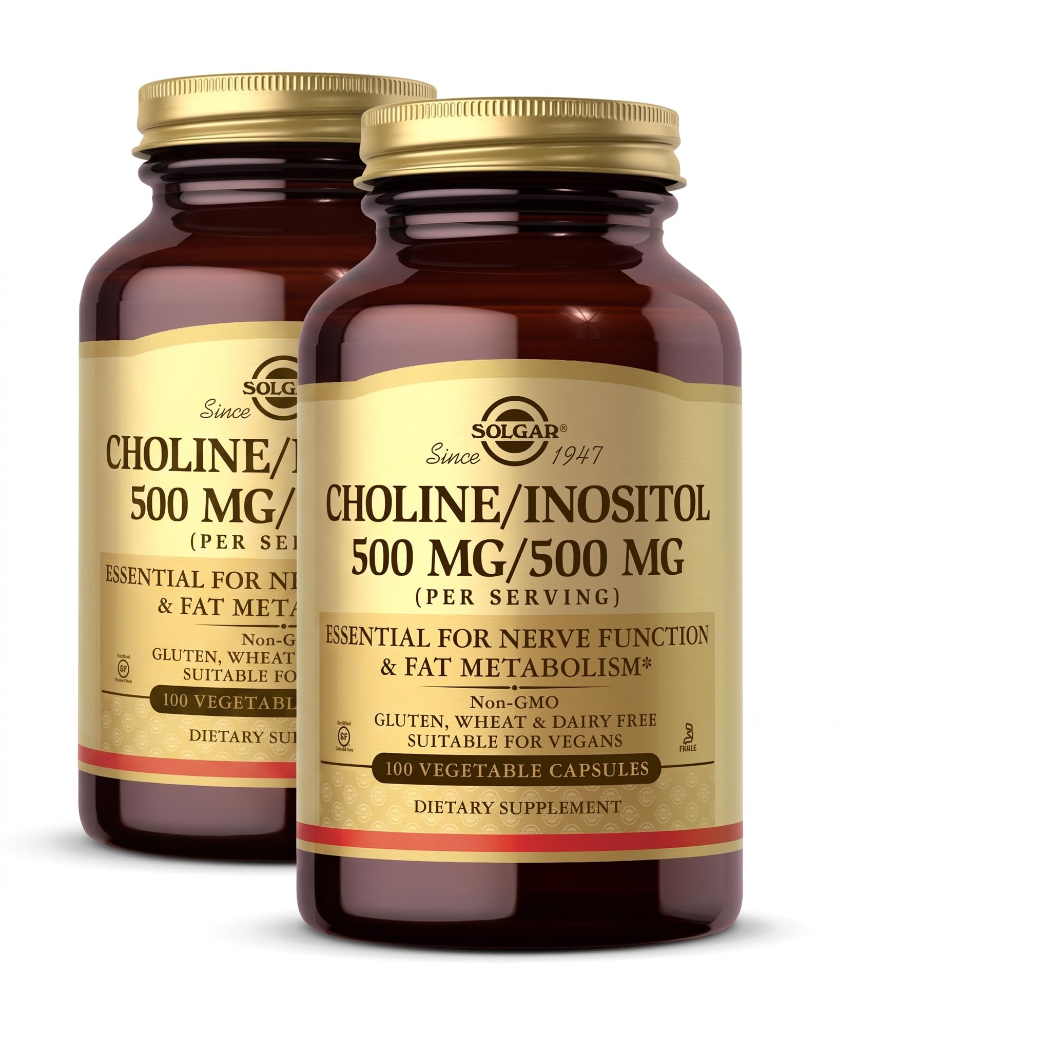 Solgar Choline/Inositol 500 mg/500 mg,100 Vegetable Capsules-Energy Metabolism,Liver Health,Essential for Brain&Nerve Function-Non-GMO,Vegan,Gluten Free,Dairy F