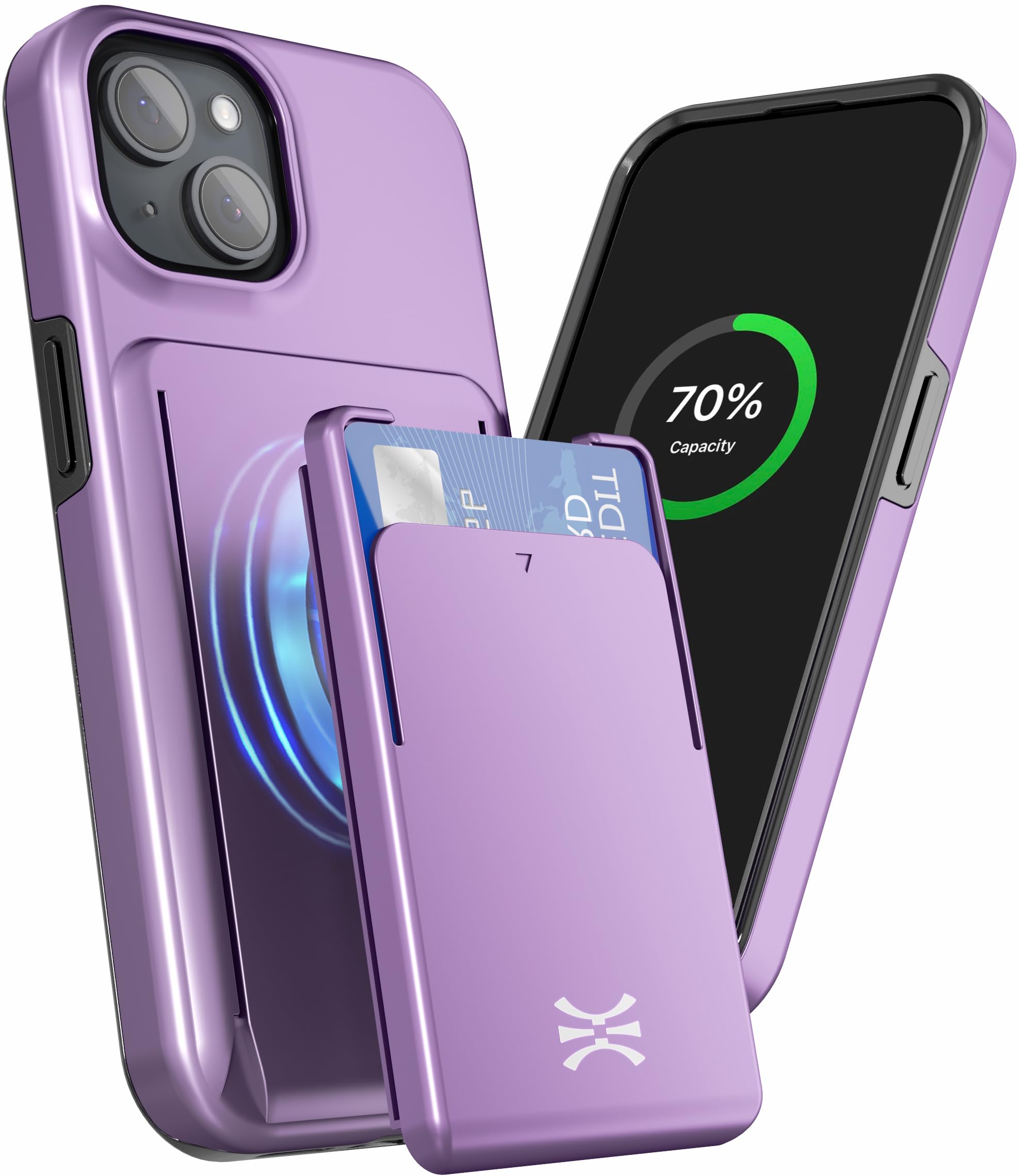TORU MX PRO for iPhone 15 Slim Hard Wallet Case | Dual Layer Protective Shockproof Cover with Built-in Magnets for MagSafe Compatible | Detachable Sliding Card Holder for 3 Cards - Purple