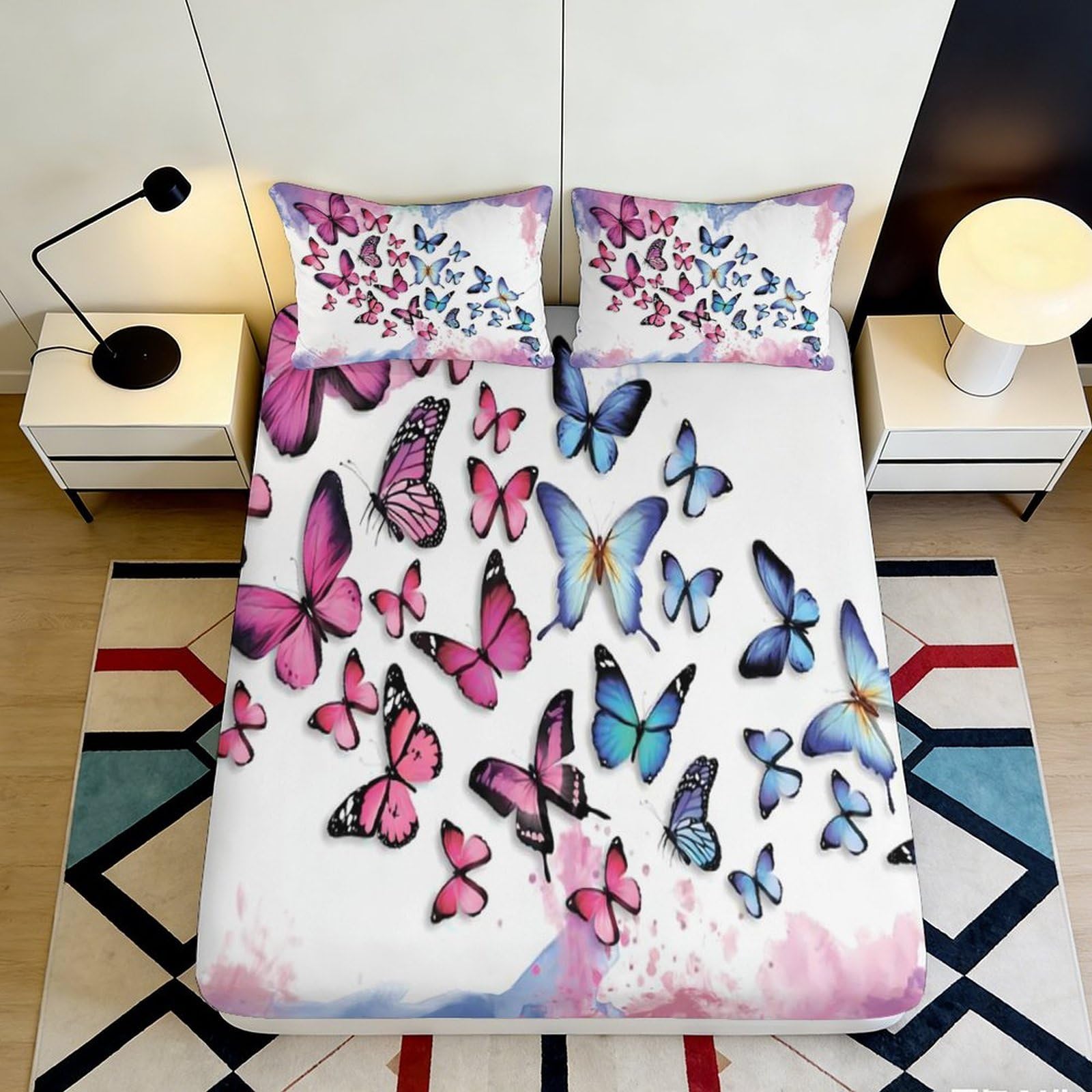 3D Printed Butterfly Pattern Fitted Sheet Microfiber Soft Breathable Colorful Butterflies Bed Sheet for Bedroom Dormitory Guest Room Mattress Protection Decor 200x200x25cm