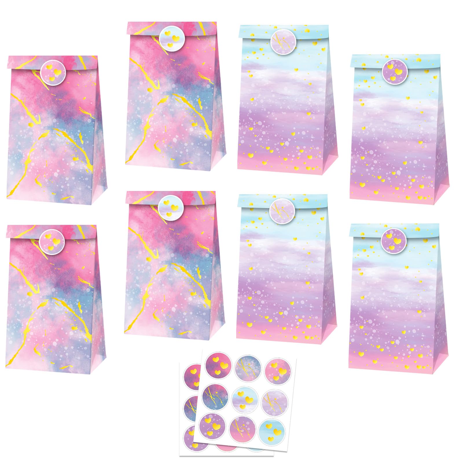 MORAINJAY 12 Pcs Tie Dye Party Bags, Pink Blue Gradient Paper Gift Bags, Tie Dye Favor Wrapping Bag, Kids Girls Rainbow Birthday Party Decorations, with 18 Stickers