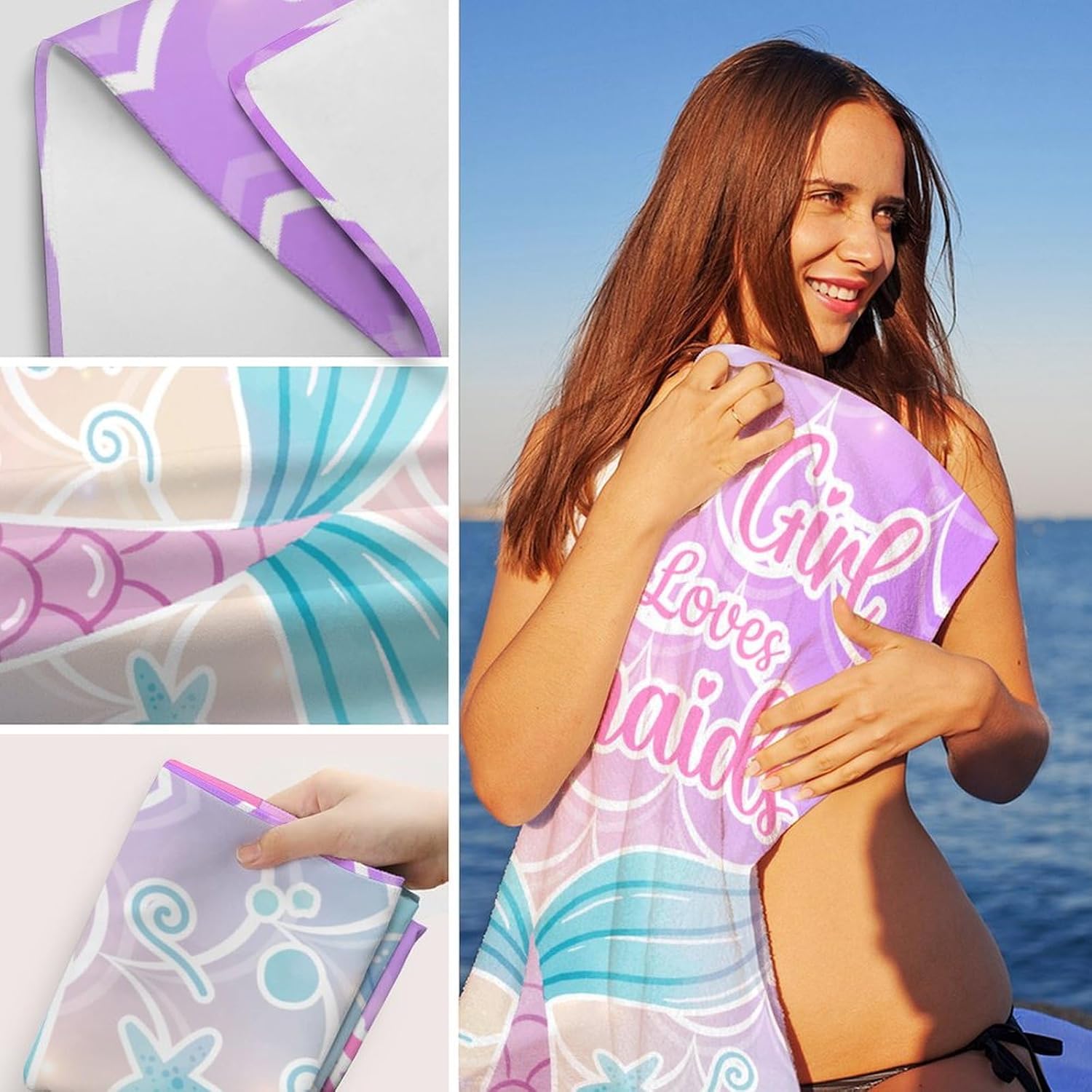 Custom Beach Towels with Names - 40"x70"Oversized Mermaid Beach Towel for Girls - Absorbent Travel Blanket for Bath, Swim & Pool